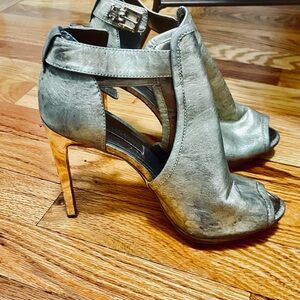 BCBGMaxAzria Metallic Silver Open-Toe Stiletto Booties